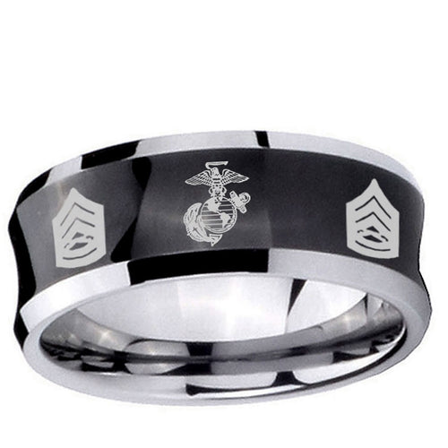10mm Marine Army Sergeant Concave Black Tungsten Carbide Mens Engagement Ring
