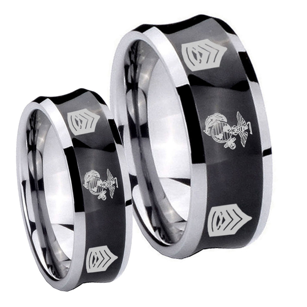 Marine Army Sergeant Concave Black Tungsten Wedding Band Set