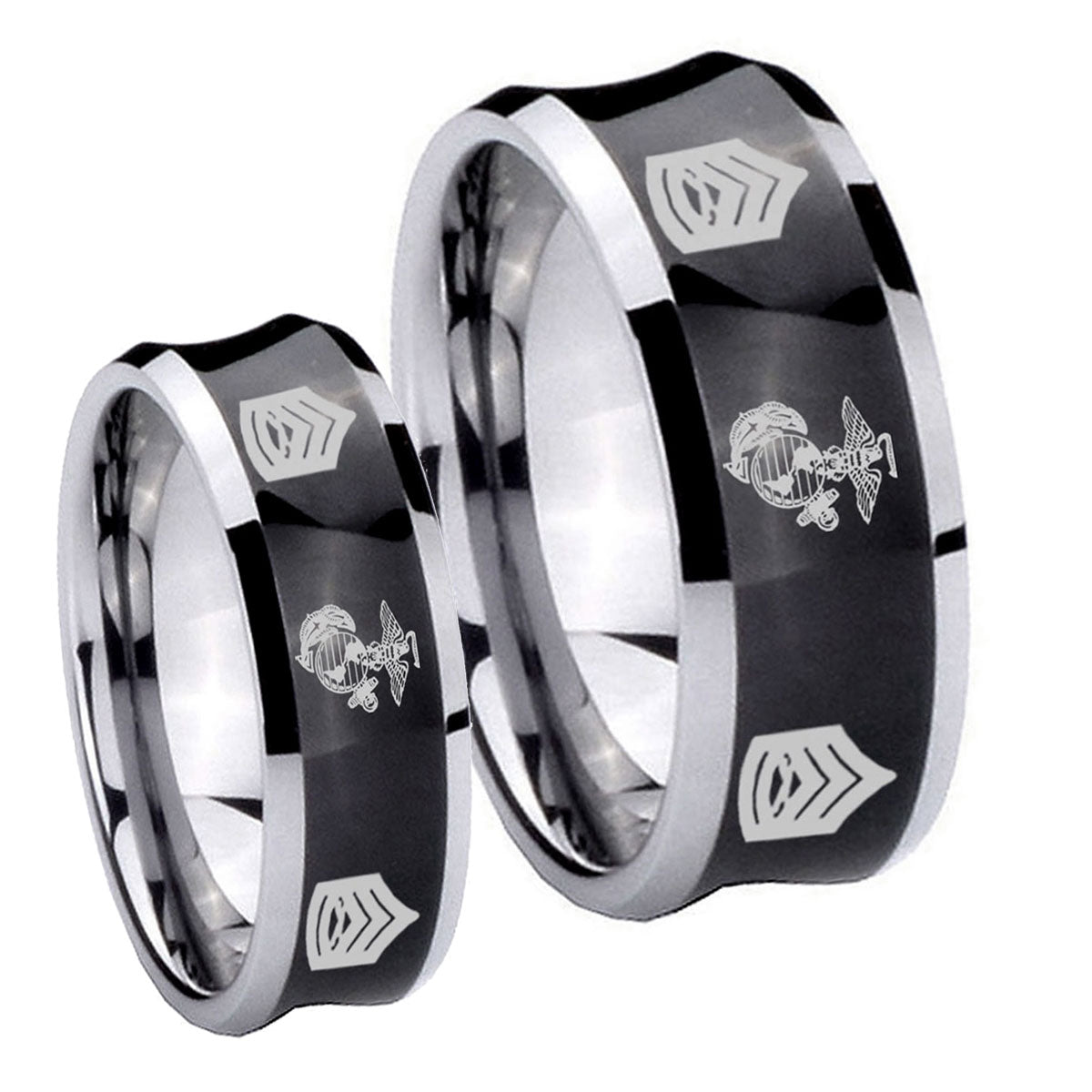 Marine Army Sergeant Concave Black Tungsten Wedding Band Set
