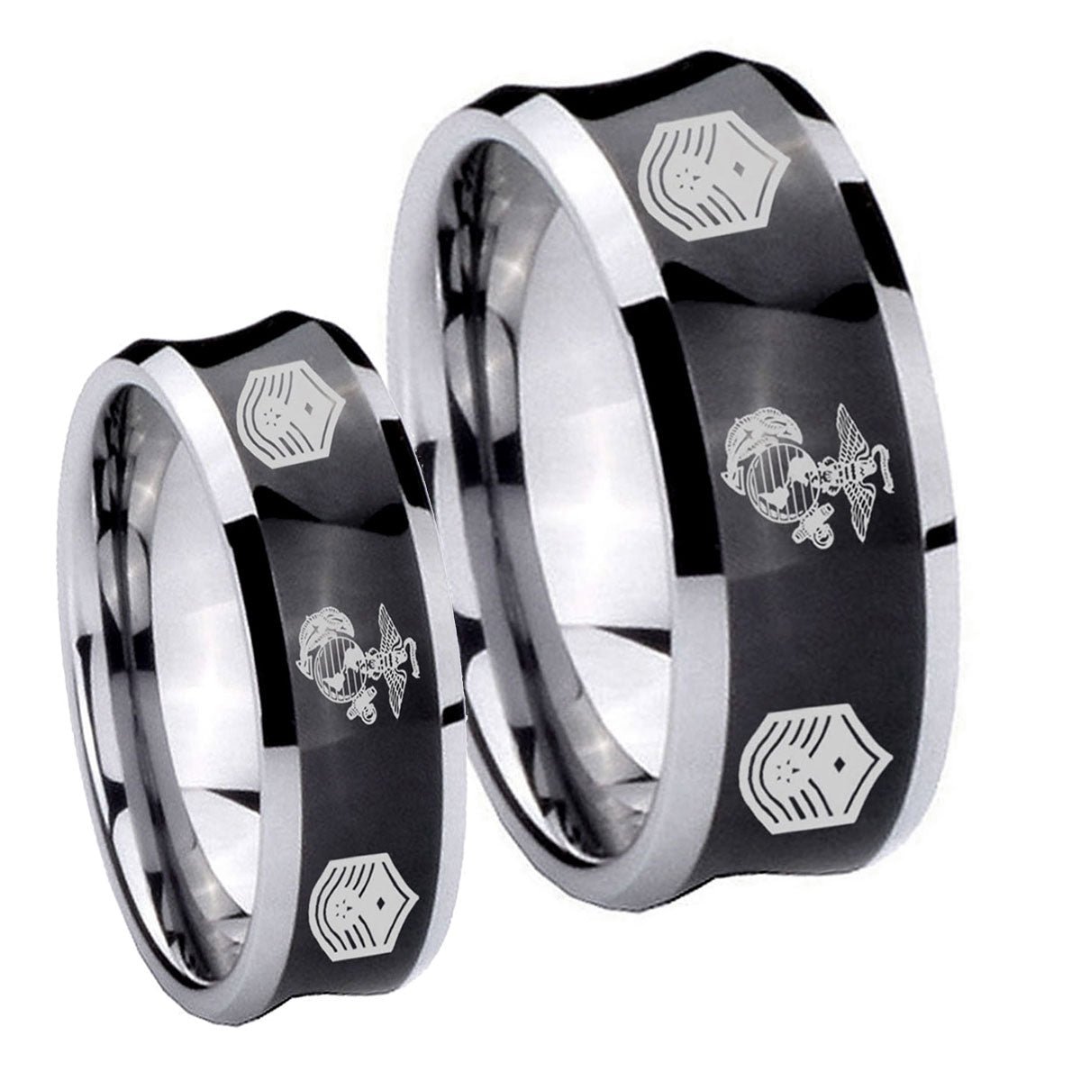 Marine Chief Master Sergeant Concave Black Tungsten Bridal Ring Set