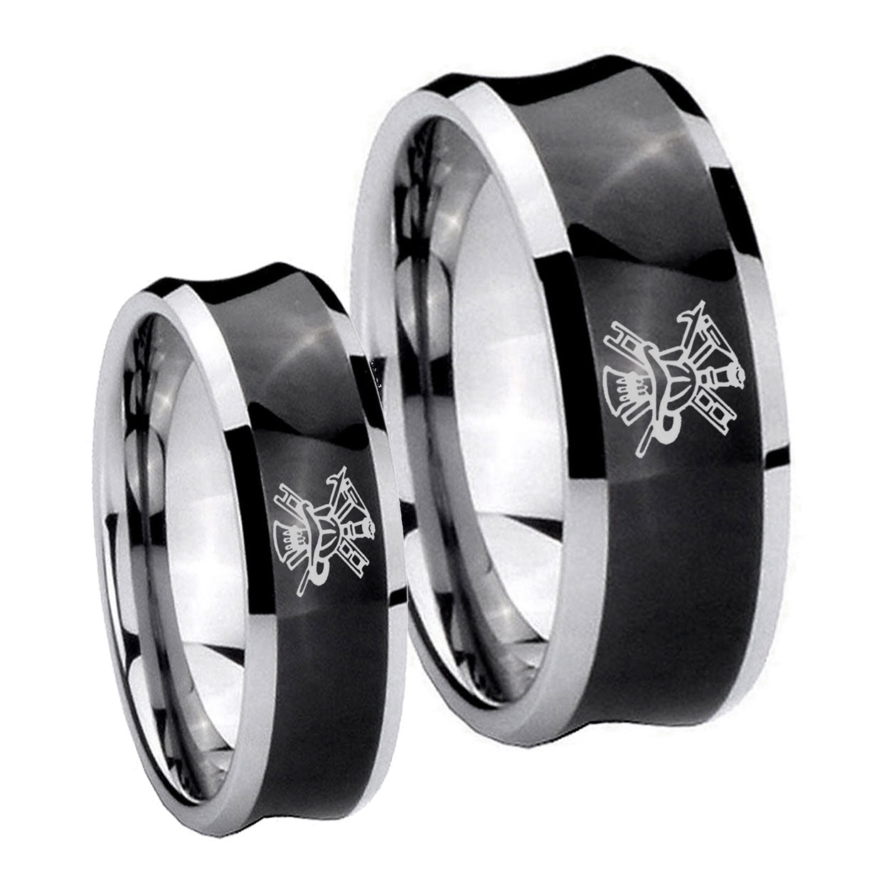 Fireman Concave Black Tungsten His Hers Ring Set