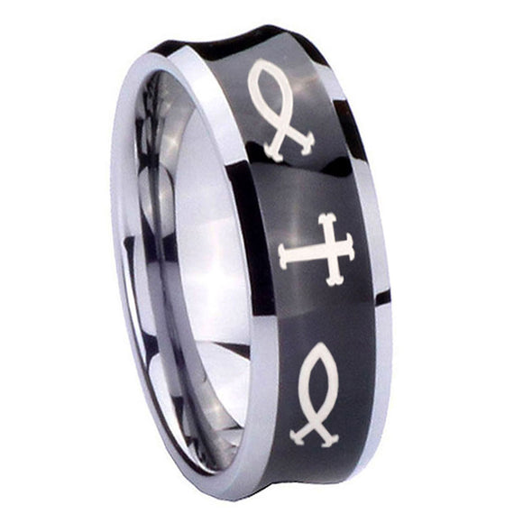 10mm-Fish-&-Cross-Concave-Black-Tungsten-Carbide-Wedding-Bands-Ring