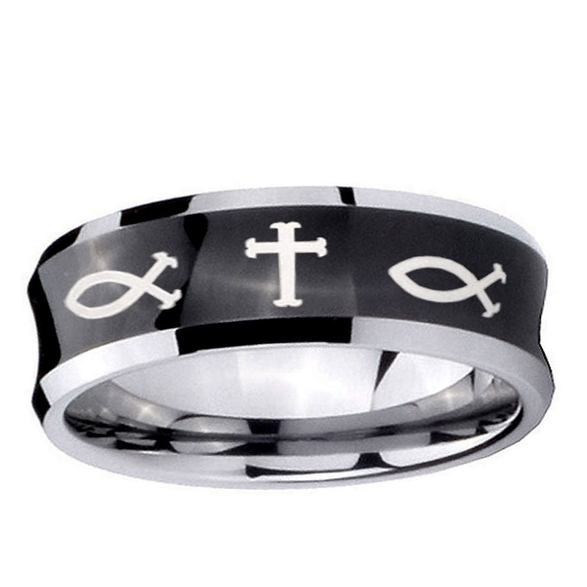 5MMFish & Cross Concave Black Tungsten Men's Wedding Band