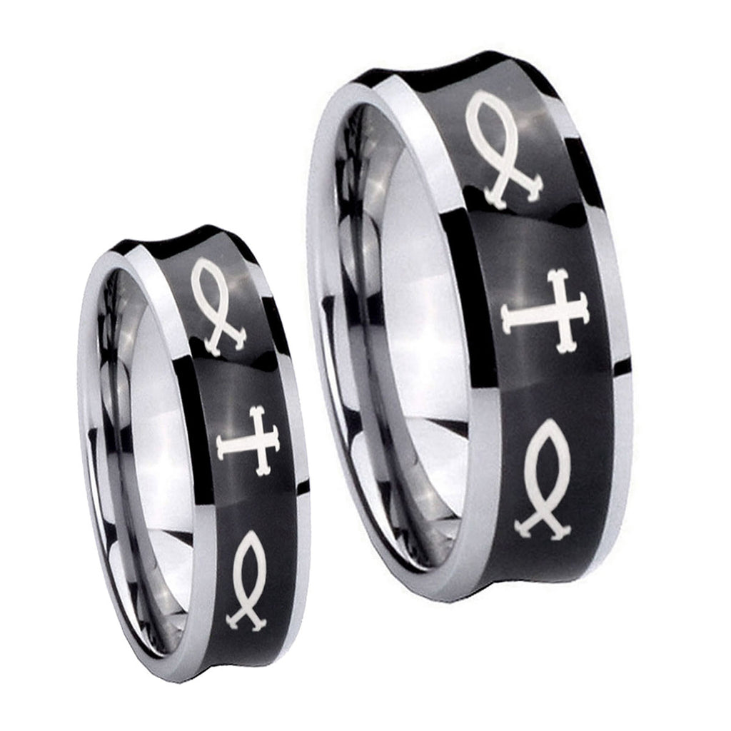 Fish & Cross Concave Black Tungsten Bridal Set Rings