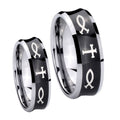 Fish & Cross Concave Black Tungsten Bridal Set Rings
