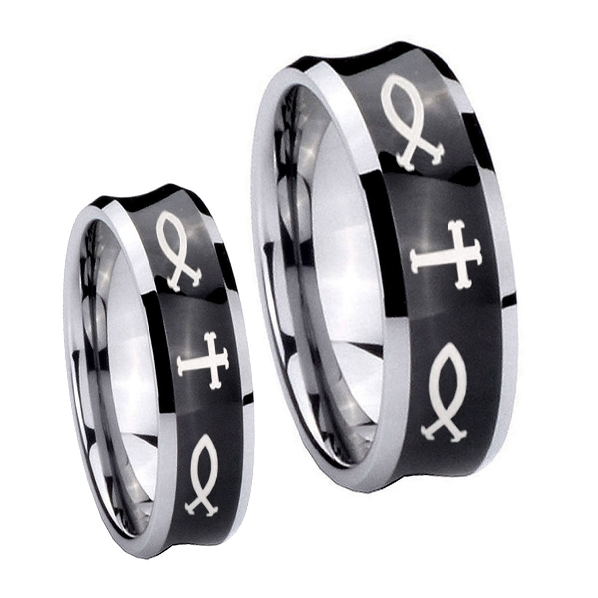 Fish & Cross Concave Black Tungsten Bridal Set Rings