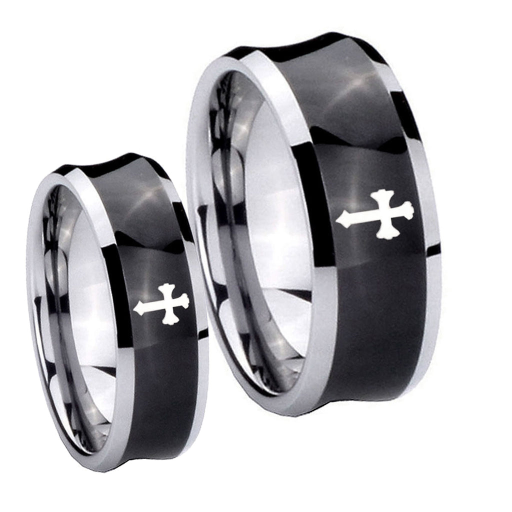 Flat Christian Cross Concave Black Tungsten Mens Ring Set