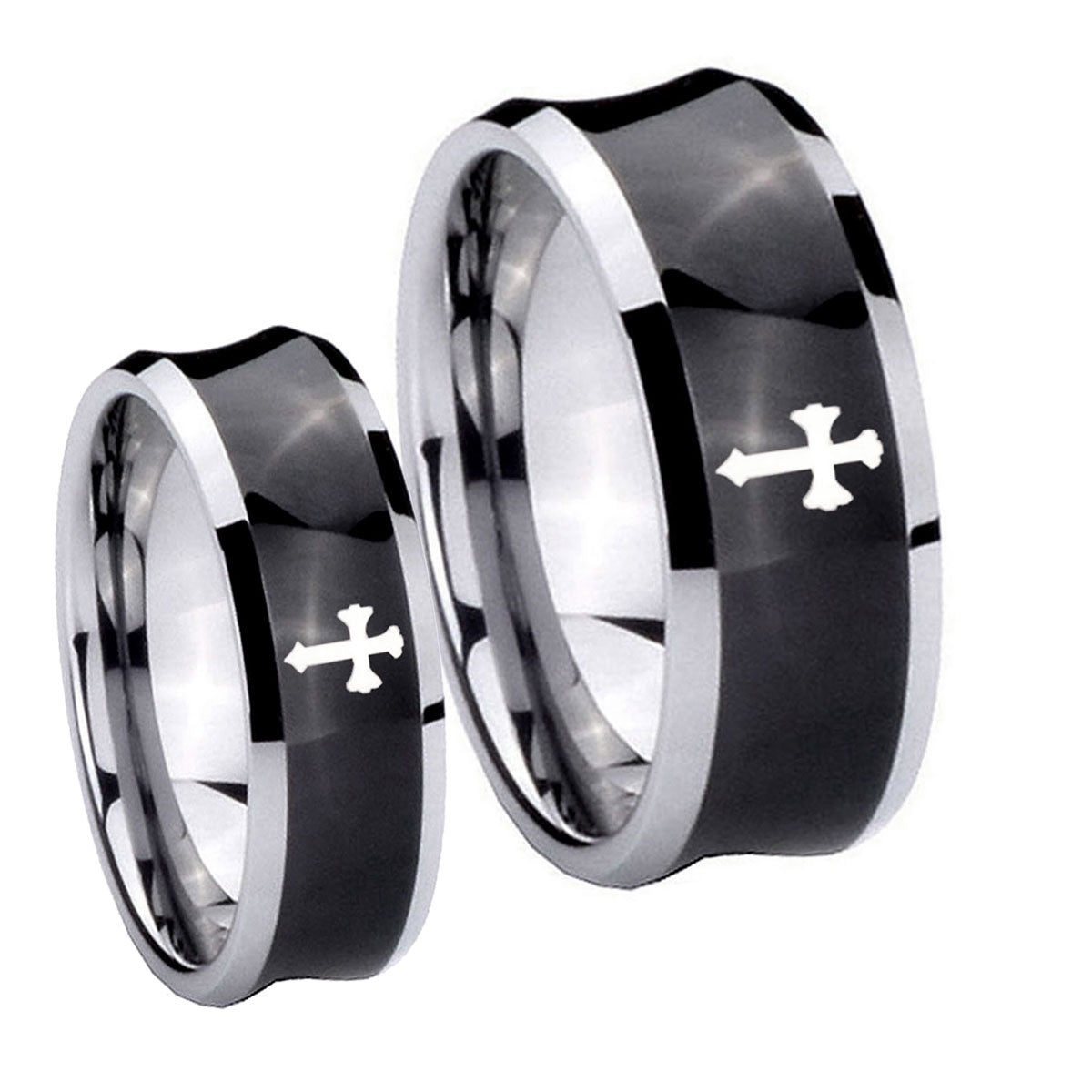 Flat Christian Cross Concave Black Tungsten Mens Ring Set