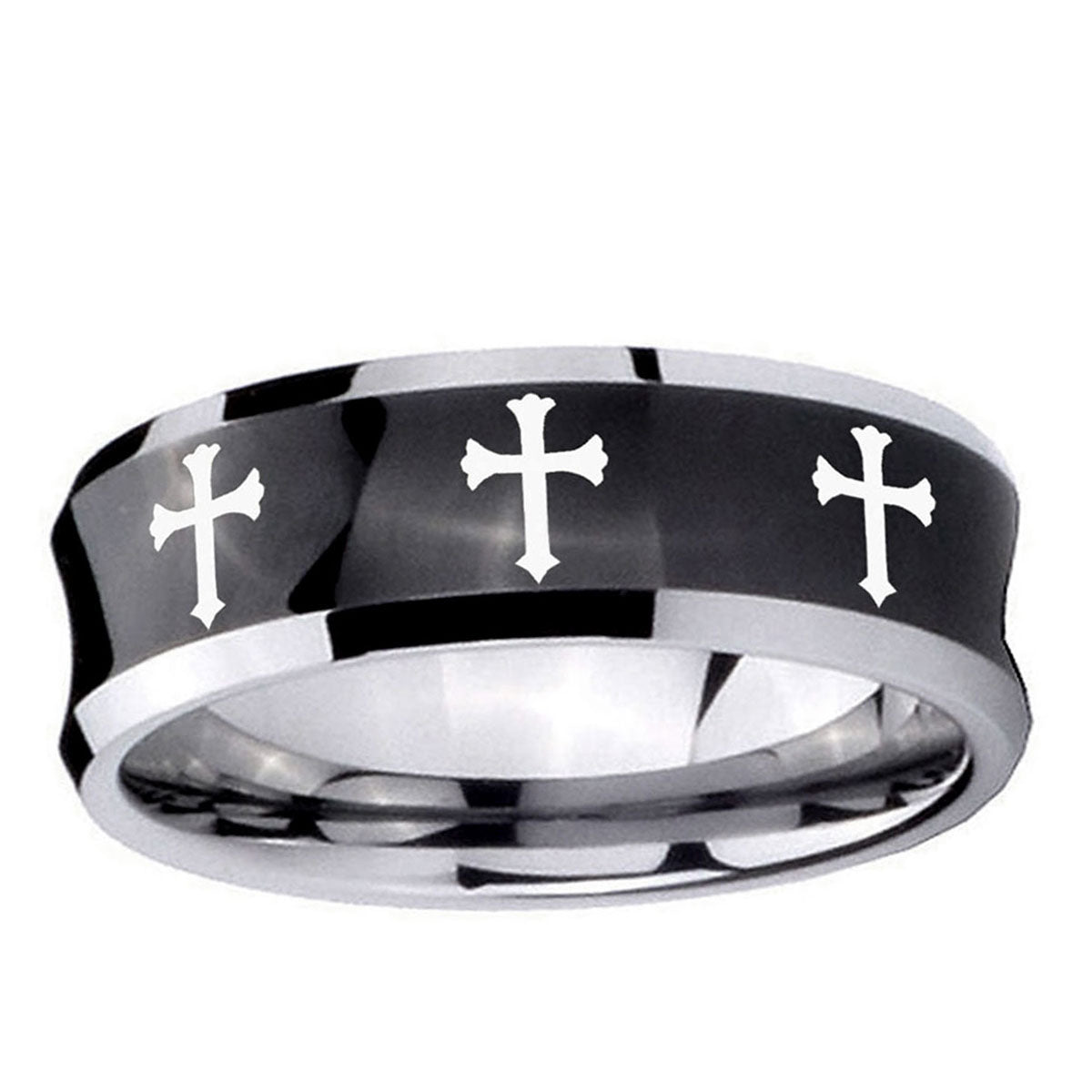5MMMultiple Christian Cross Concave Black Tungsten Mens Ring 