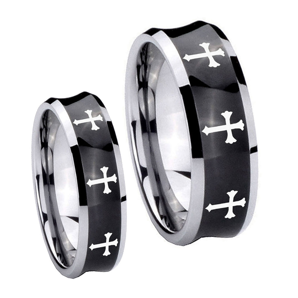 Multiple Christian Cross Concave Black Tungsten His and Hers