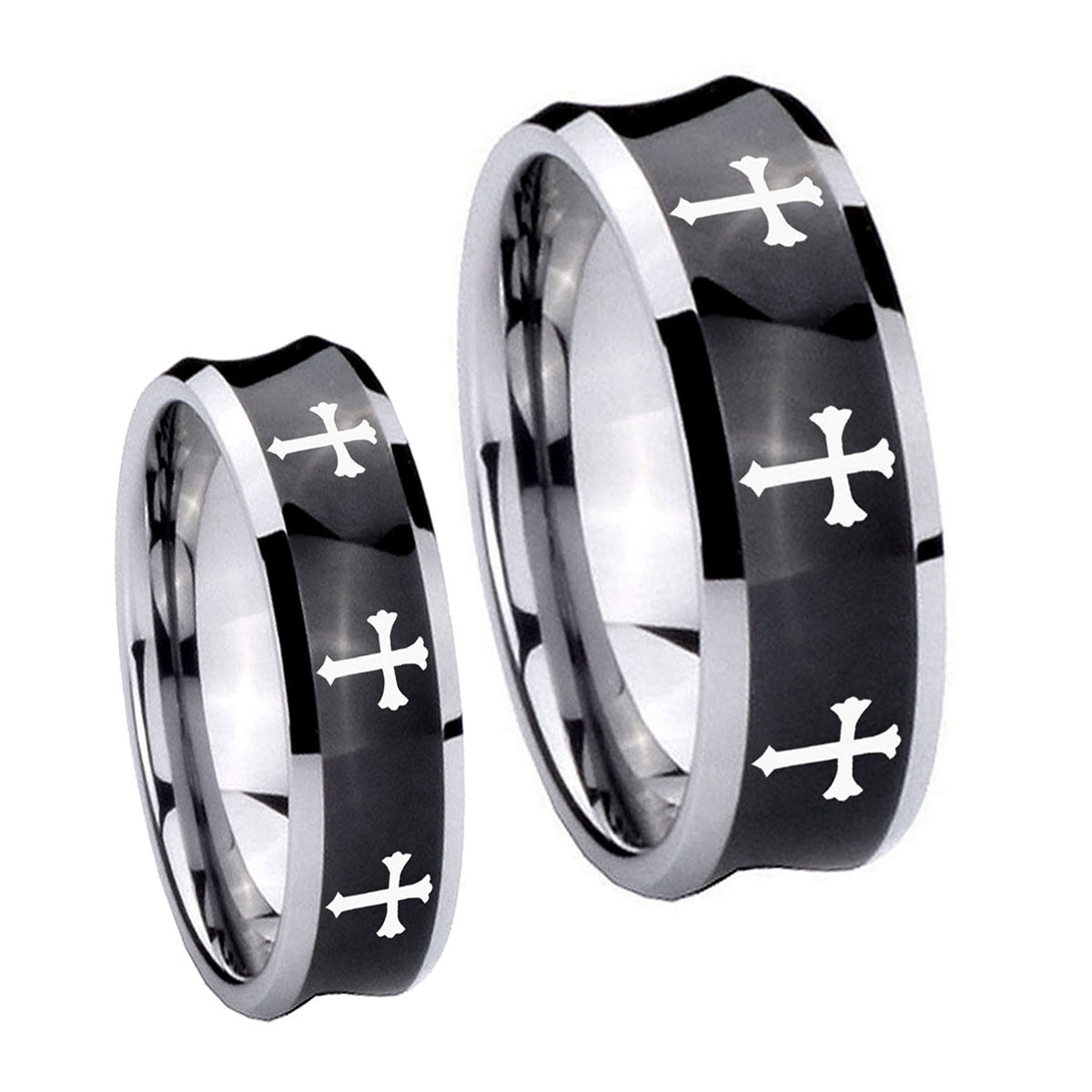Multiple Christian Cross Concave Black Tungsten His and Hers