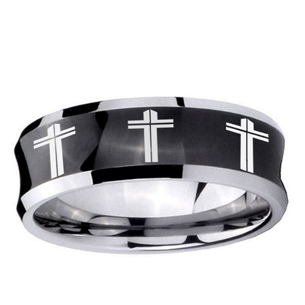 10mm Multiple Christian Cross Concave Black Tungsten Ring