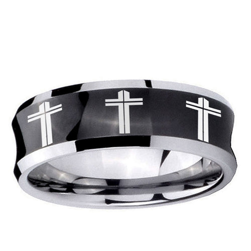 10mm Multiple Christian Cross Concave Black Tungsten Ring