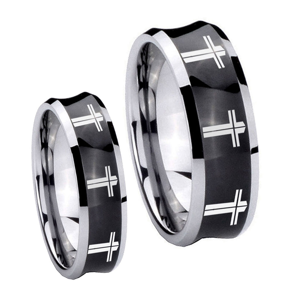 Multiple Christian Cross Concave Black Tungsten Mens Set Rings
