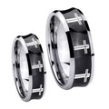 Multiple Christian Cross Concave Black Tungsten Mens Set Rings