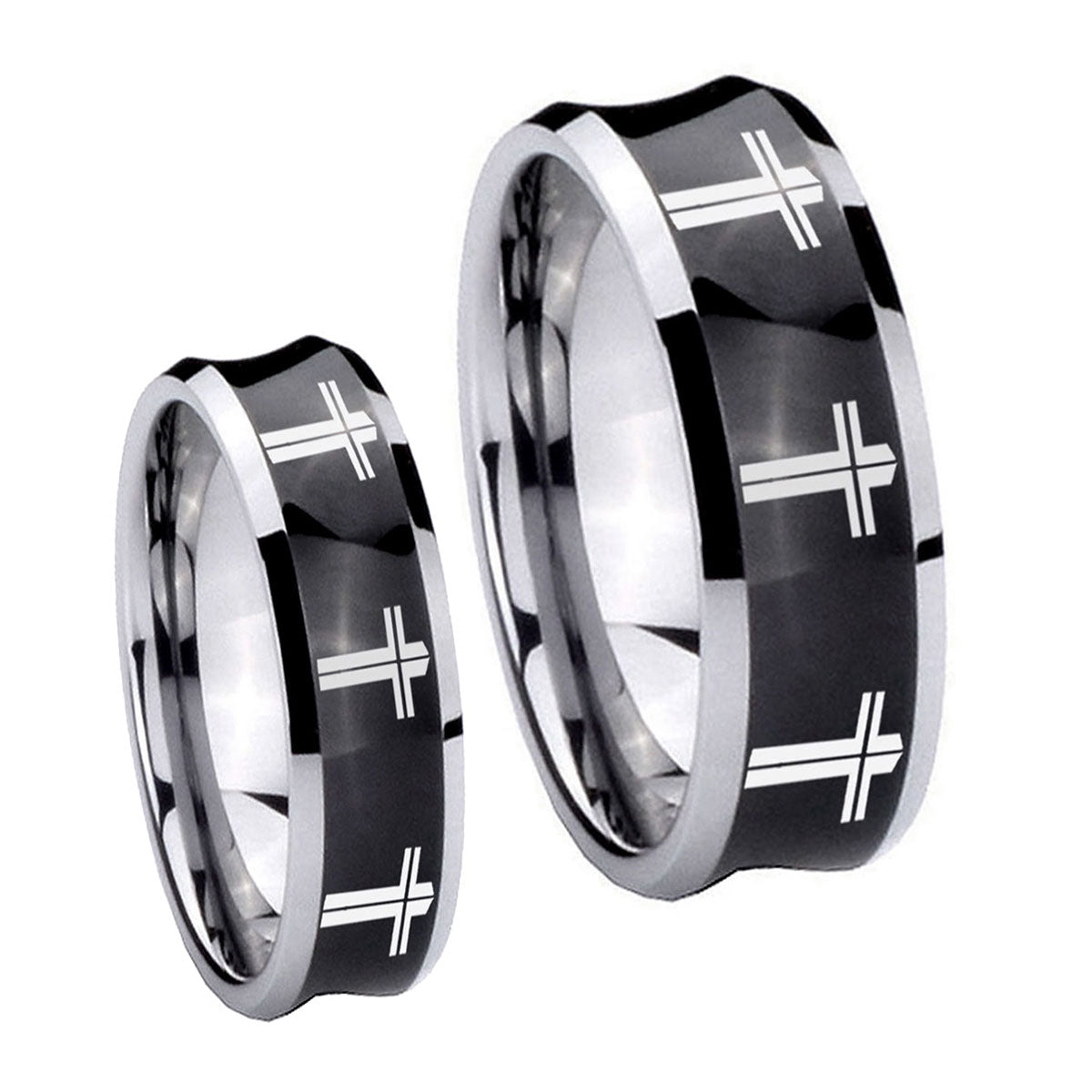 Multiple Christian Cross Concave Black Tungsten Mens Set Rings