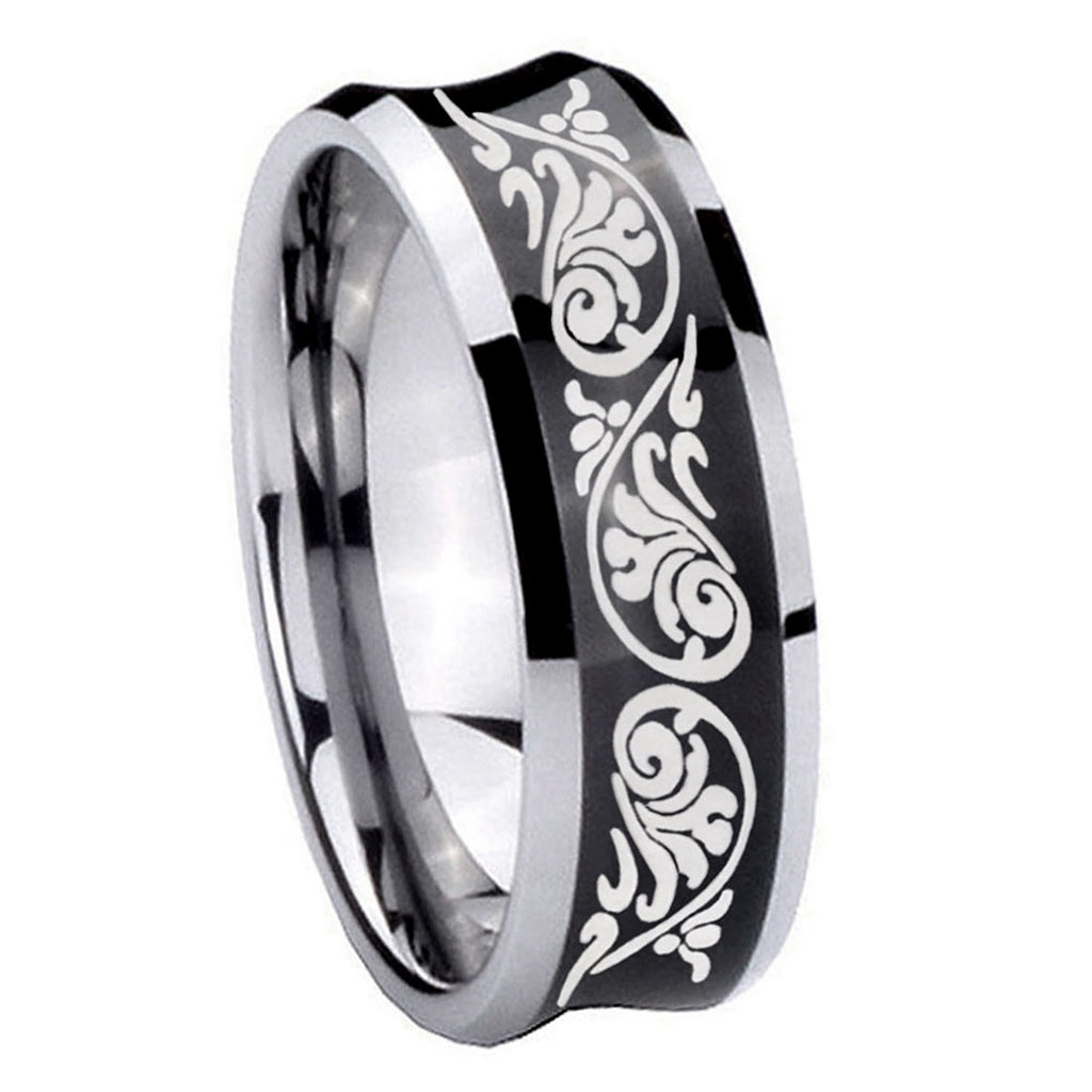 8MM Etched Tribal Pattern Concave Black Tungsten Wedding Ring