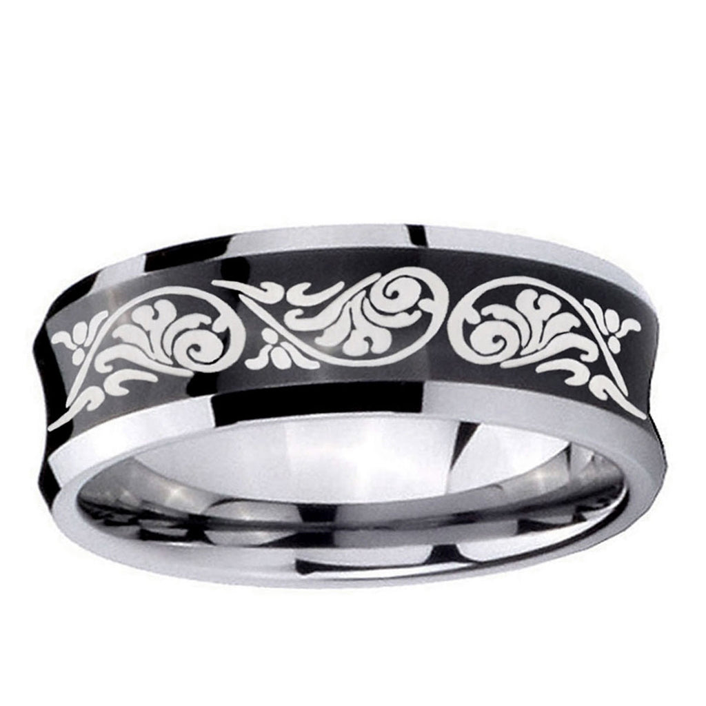 10mm Etched Tribal Pattern Concave Black Tungsten Ring