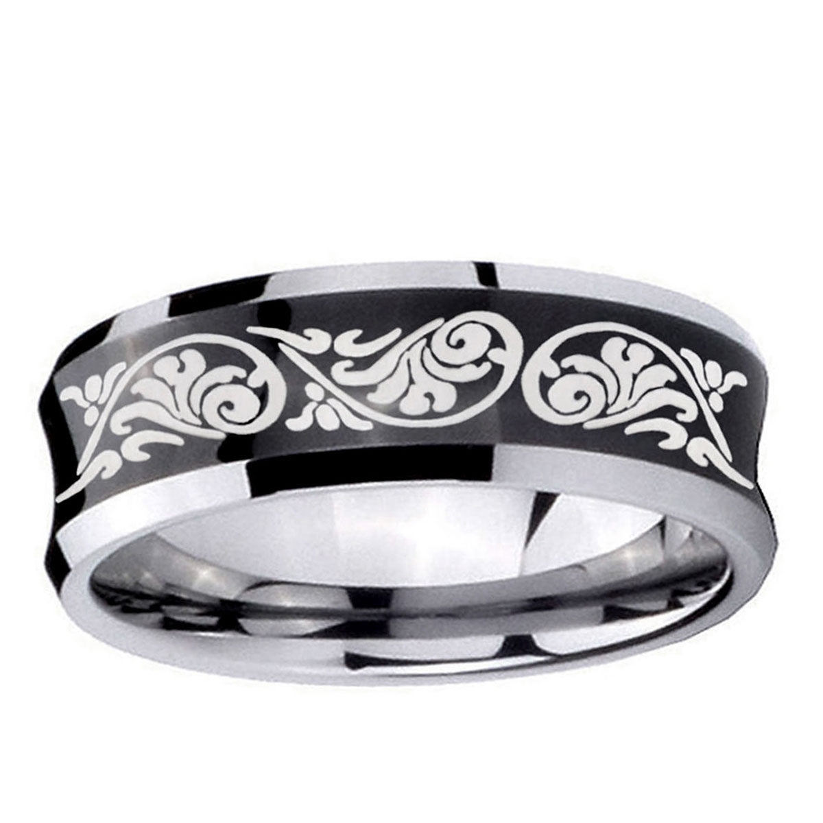10mm Etched Tribal Pattern Concave Black Tungsten Ring
