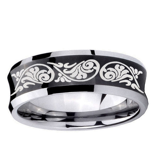 10mm Etched Tribal Pattern Concave Black Tungsten Ring