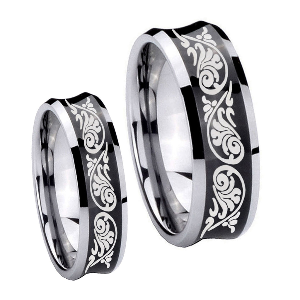 Etched Tribal Pattern Concave Black Tungsten Promise Ring Set