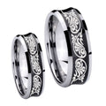 Etched Tribal Pattern Concave Black Tungsten Promise Ring Set