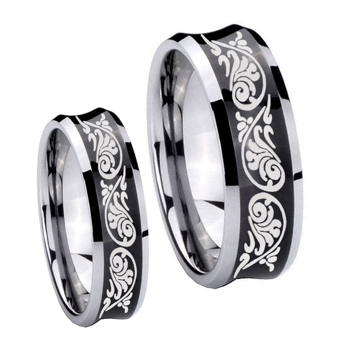 Etched Tribal Pattern Concave Black Tungsten Promise Ring Set