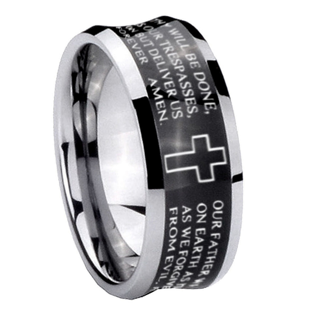 8MM Etched Lord's Prayer Cross Concave Black Tungsten Ring