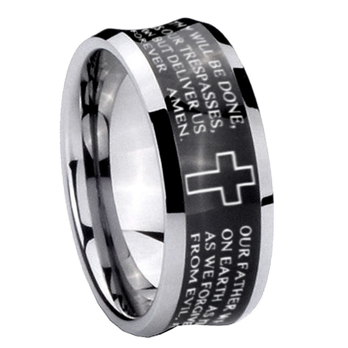 8MM Etched Lord's Prayer Cross Concave Black Tungsten Ring