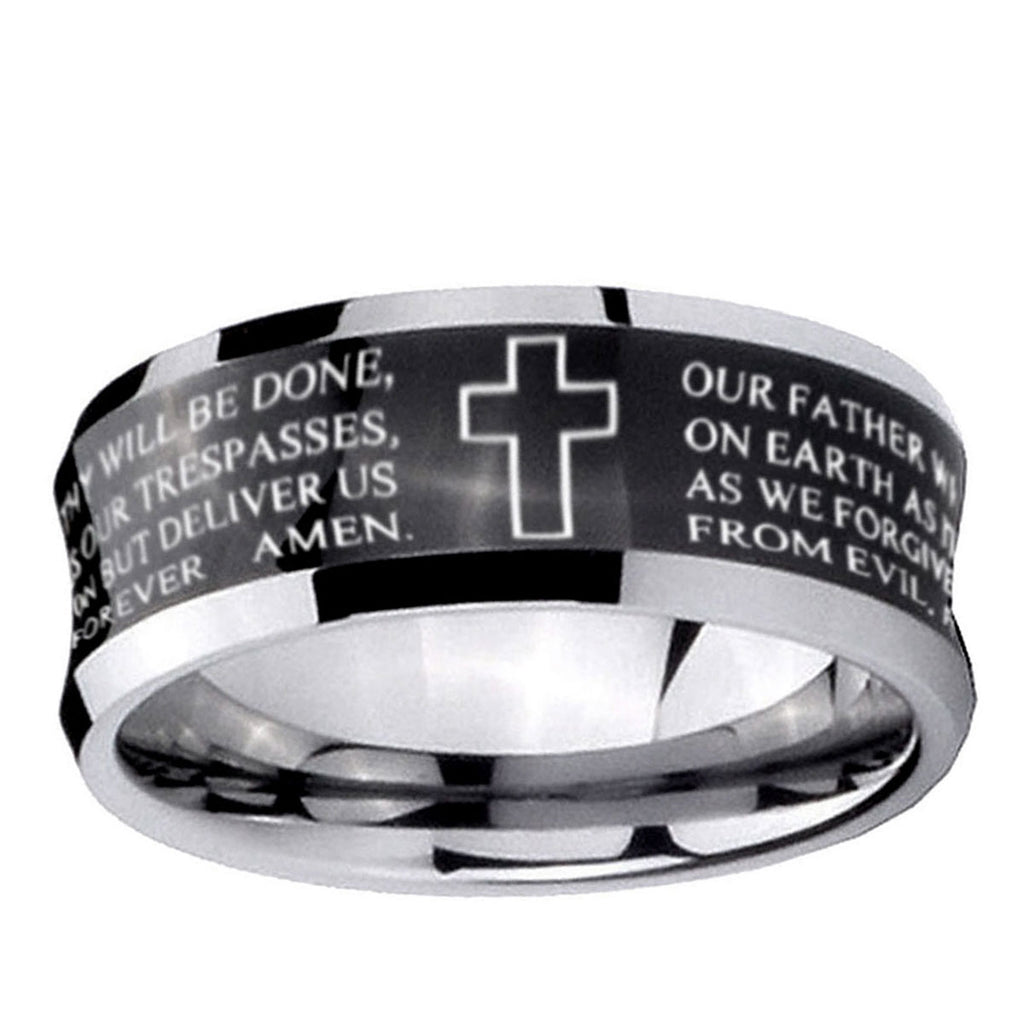 10mm Bible Lord's Prayer Cross Concave Black Tungsten Ring