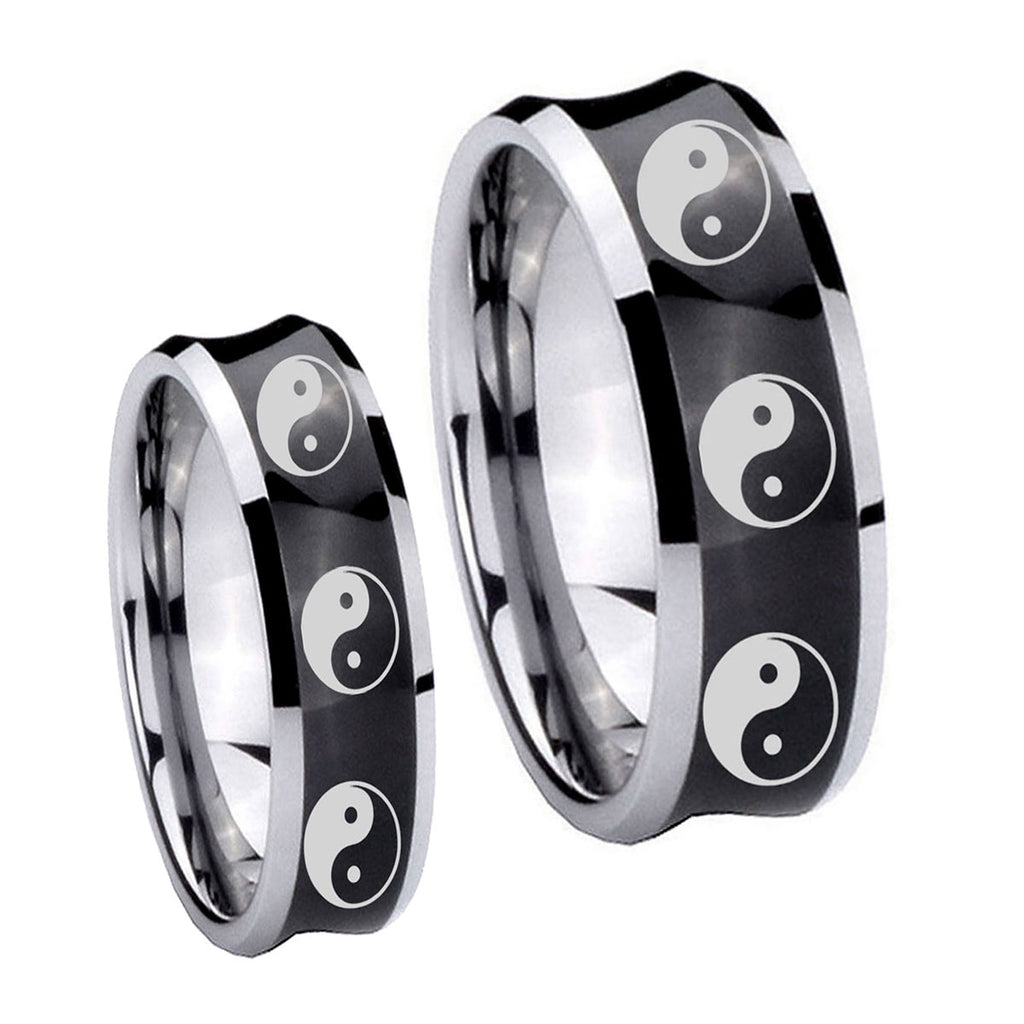 Multiple Yin Yang Concave Black Tungsten Bridal Ring Sets