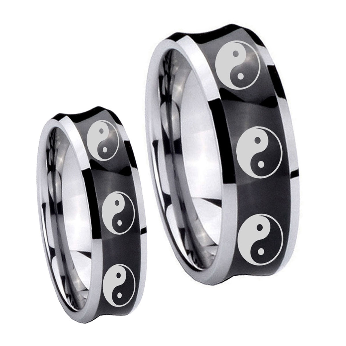 Multiple Yin Yang Concave Black Tungsten Bridal Ring Sets