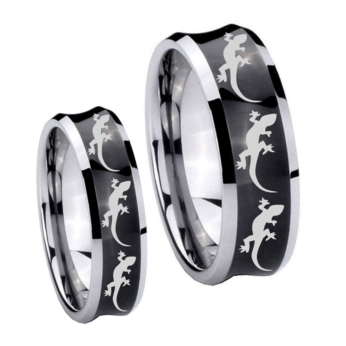 Multiple Lizard Concave Black Tungsten His Hers Set Rings
