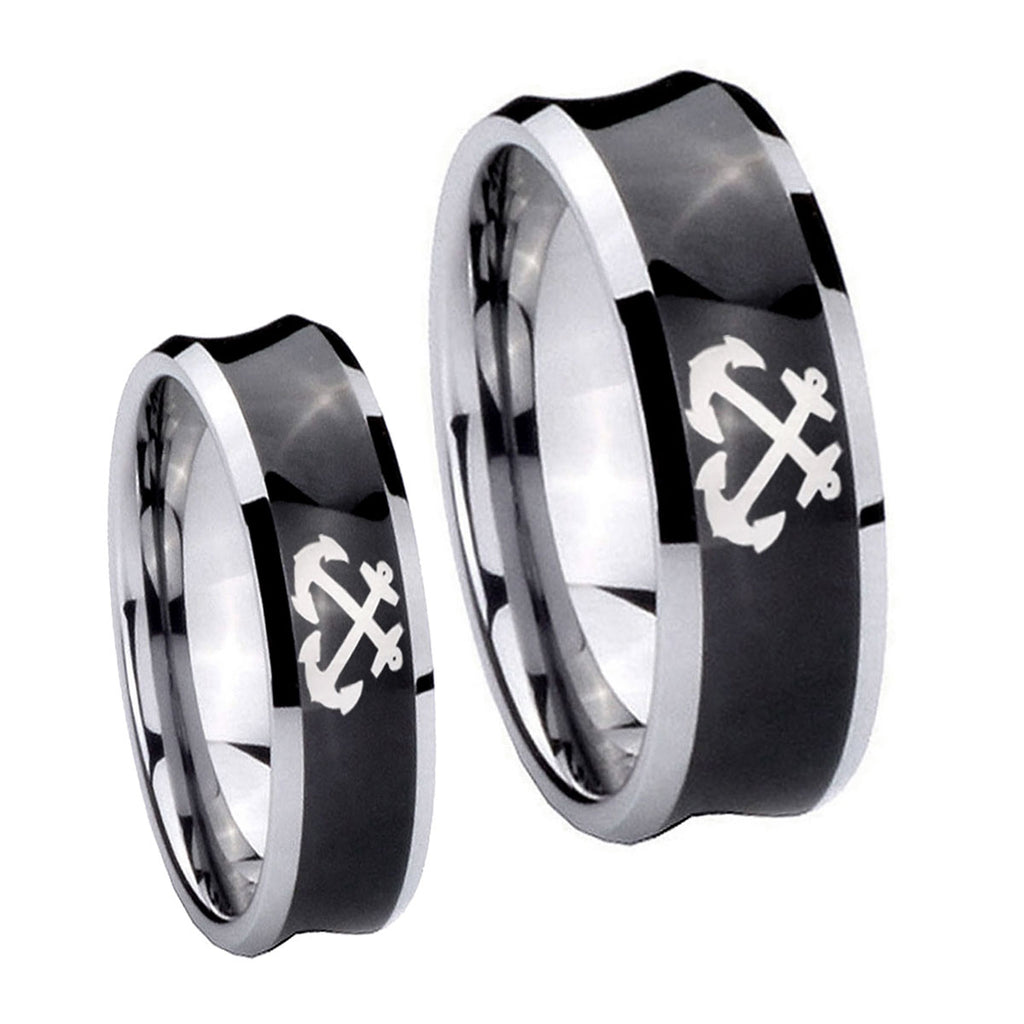 Anchor Concave Black Tungsten Wedding Ring Set