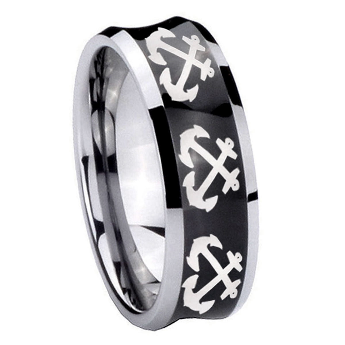 8MM Multiple Anchor Concave Black Tungsten Anniversary Ring