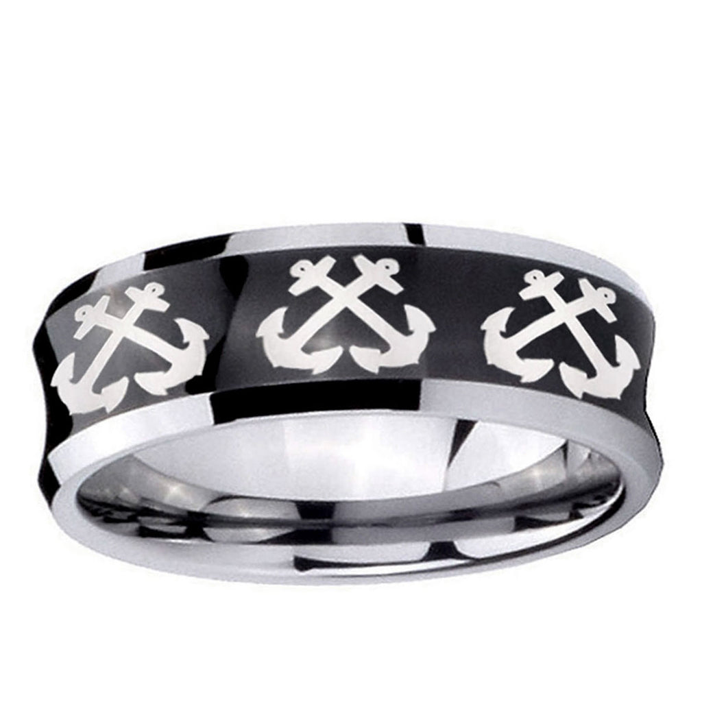 10mm Multiple Anchor Concave Black Tungsten Carbide Mens Bands Ring