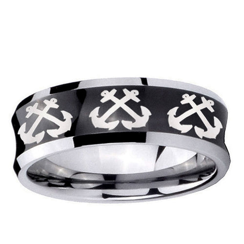 10mm Multiple Anchor Concave Black Tungsten Carbide Mens Bands Ring
