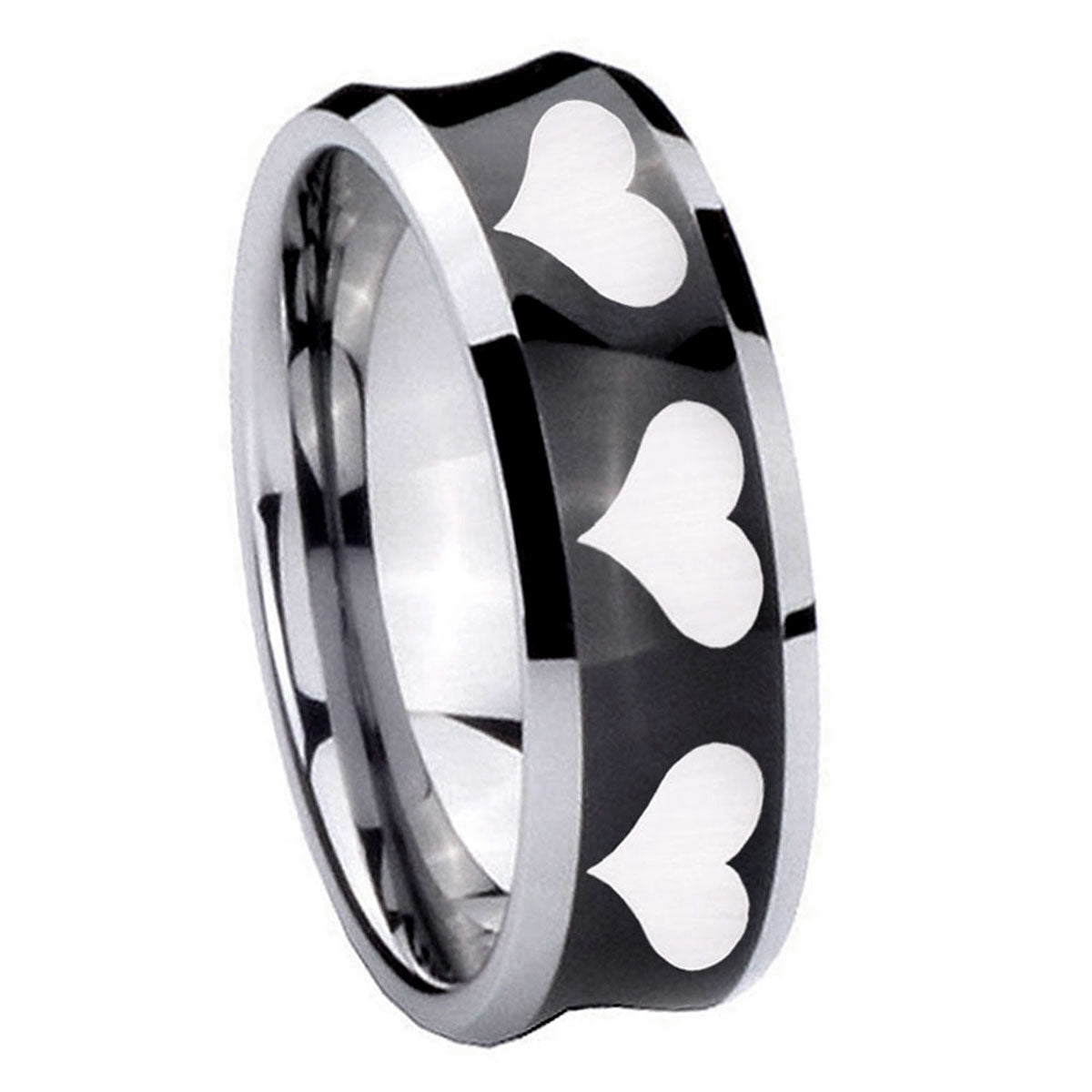 8MM Multiple Heart Concave Black Tungsten Men's Bands Ring