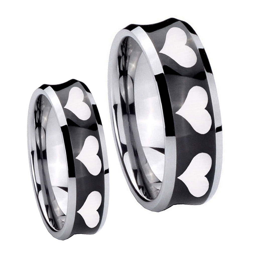 Multiple Heart Concave Black Tungsten Wedding Set Ring