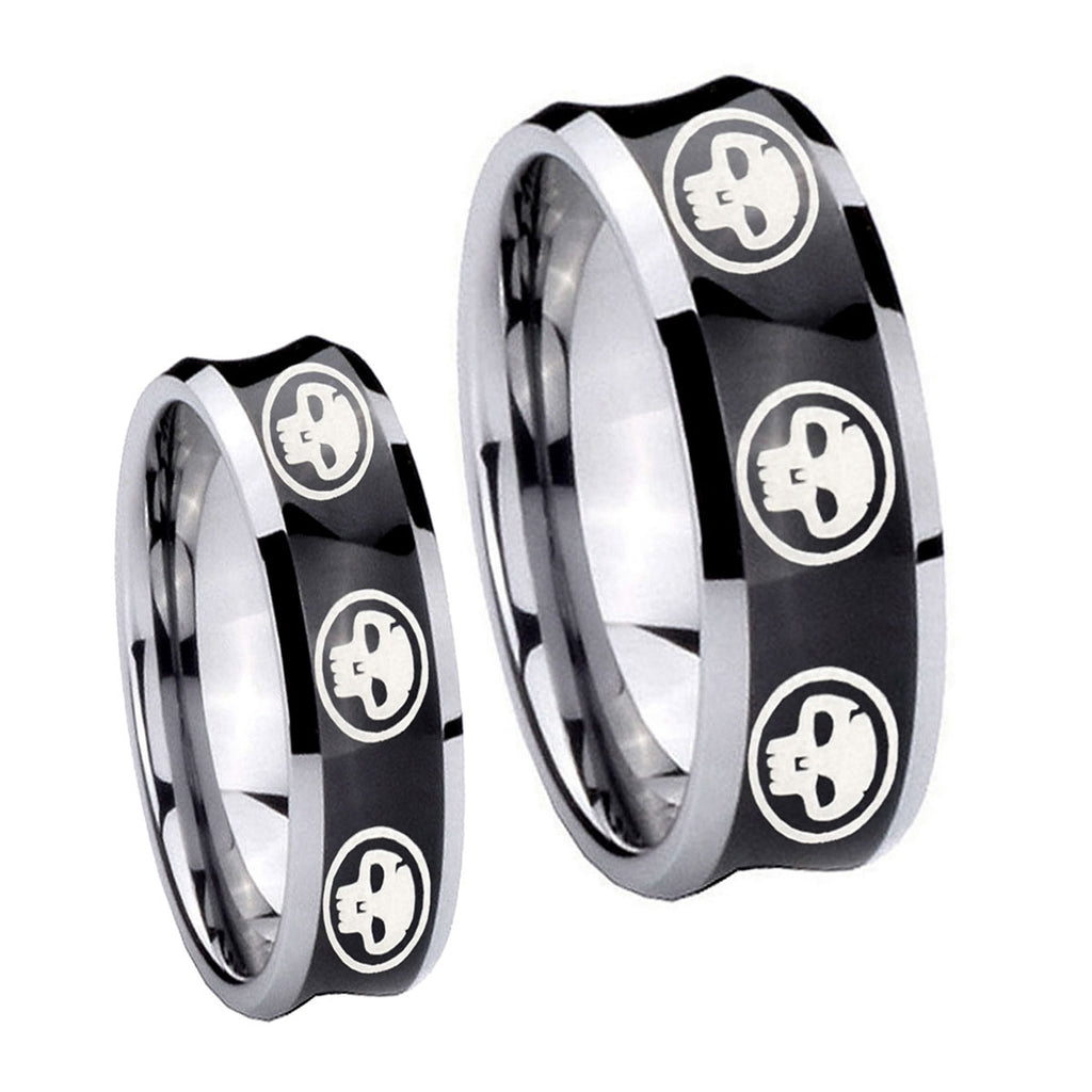 Multiple Skull Concave Black Tungsten Mens Set Ring