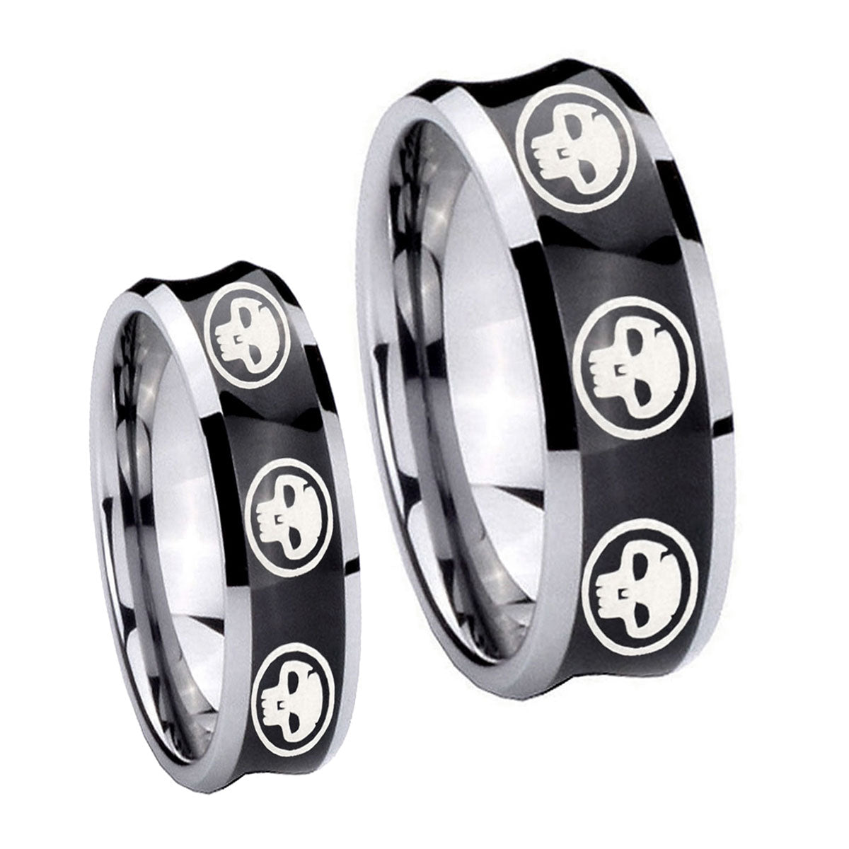 Multiple Skull Concave Black Tungsten Mens Set Ring