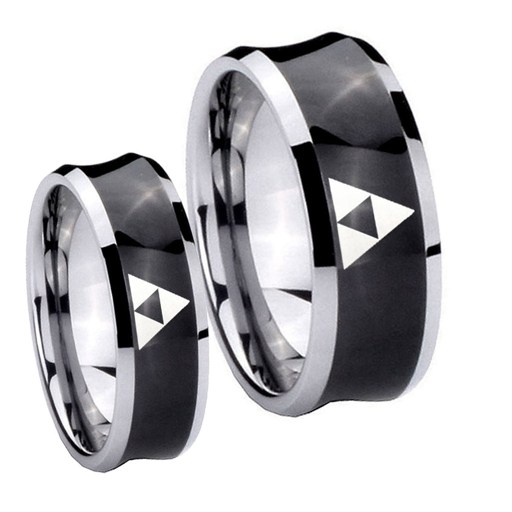 Zelda Triforce Concave Black Tungsten Bridal Set Rings