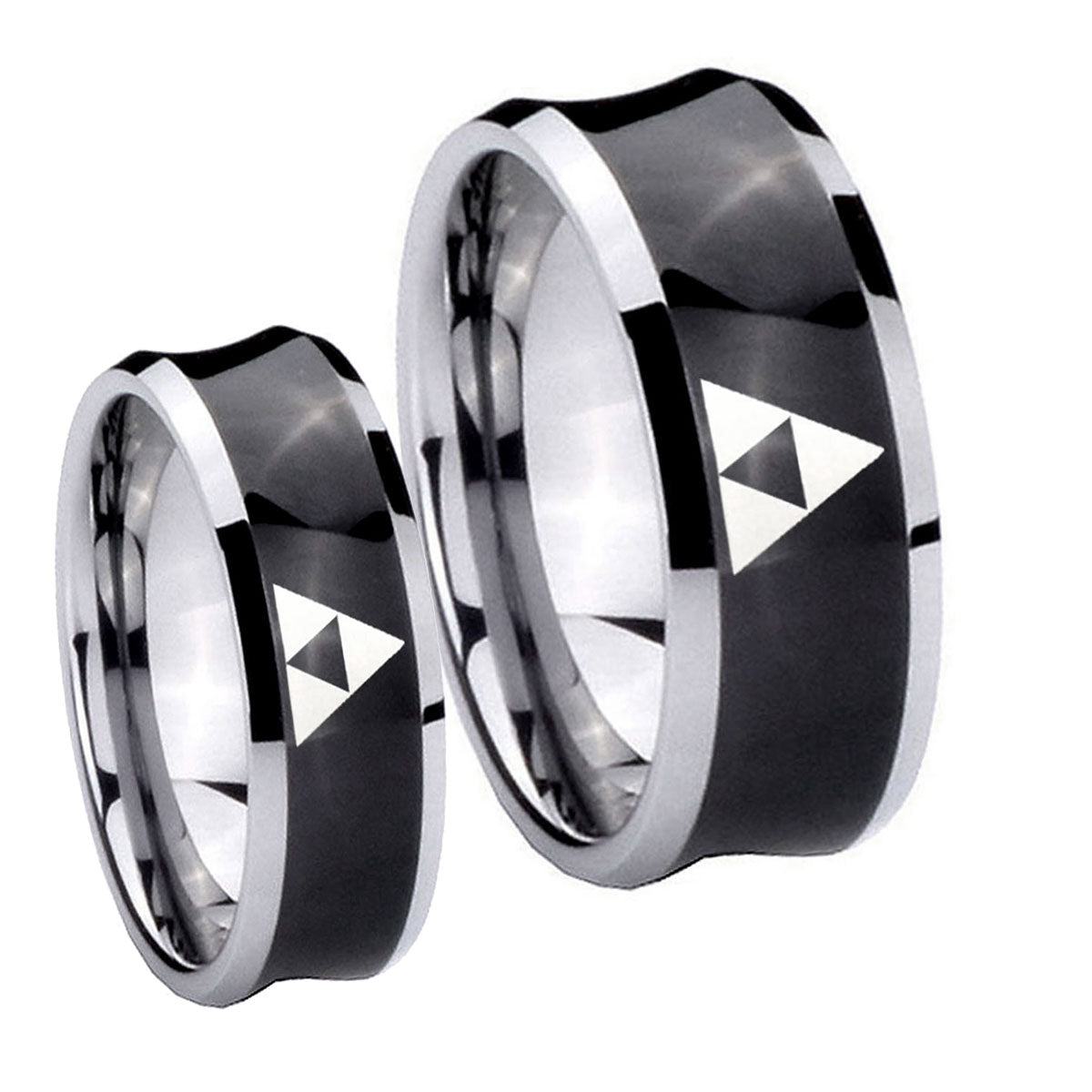 Zelda Triforce Concave Black Tungsten Bridal Set Rings