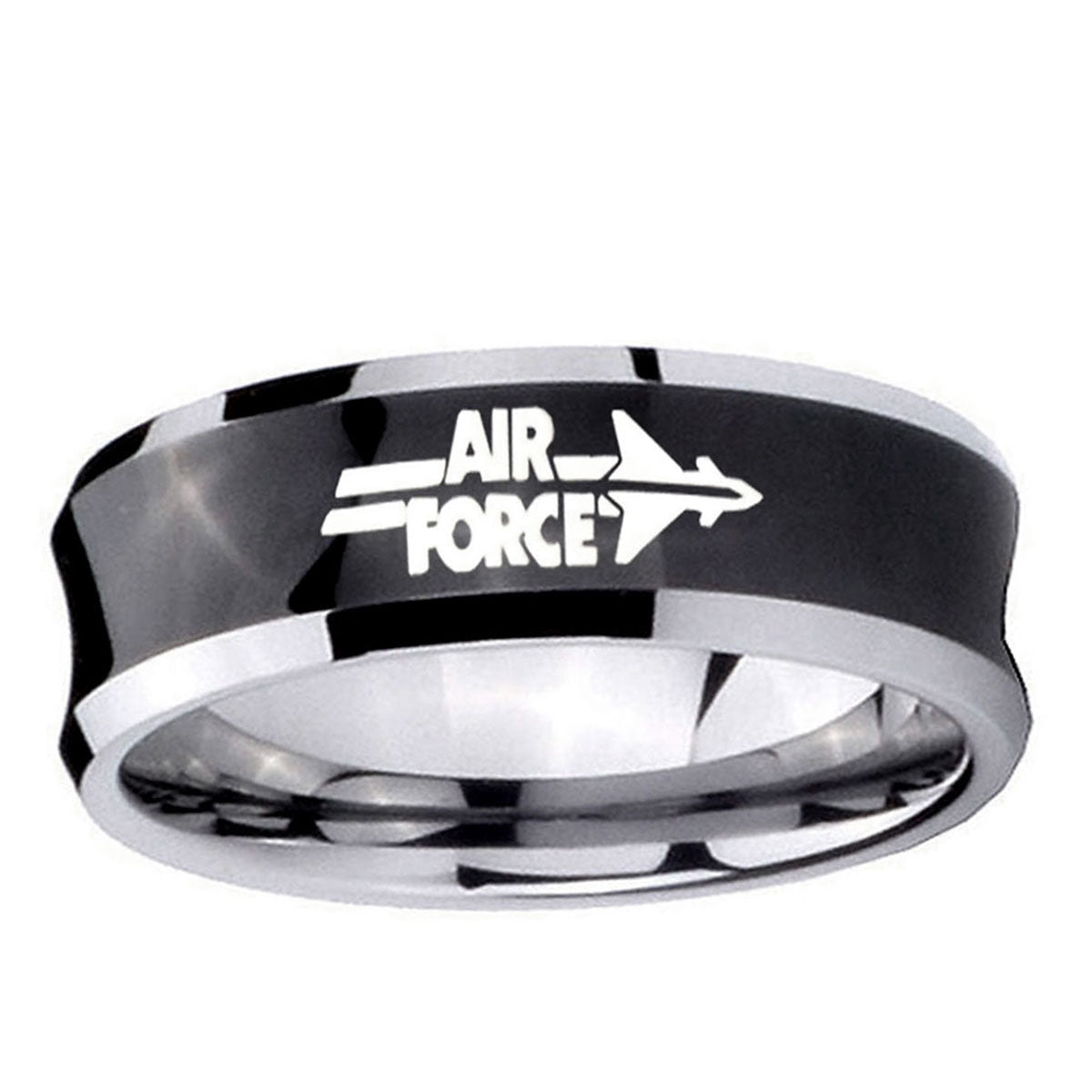 10mm Concave Air Force Tungsten Carbide Black IP Two Tone Men's Ring