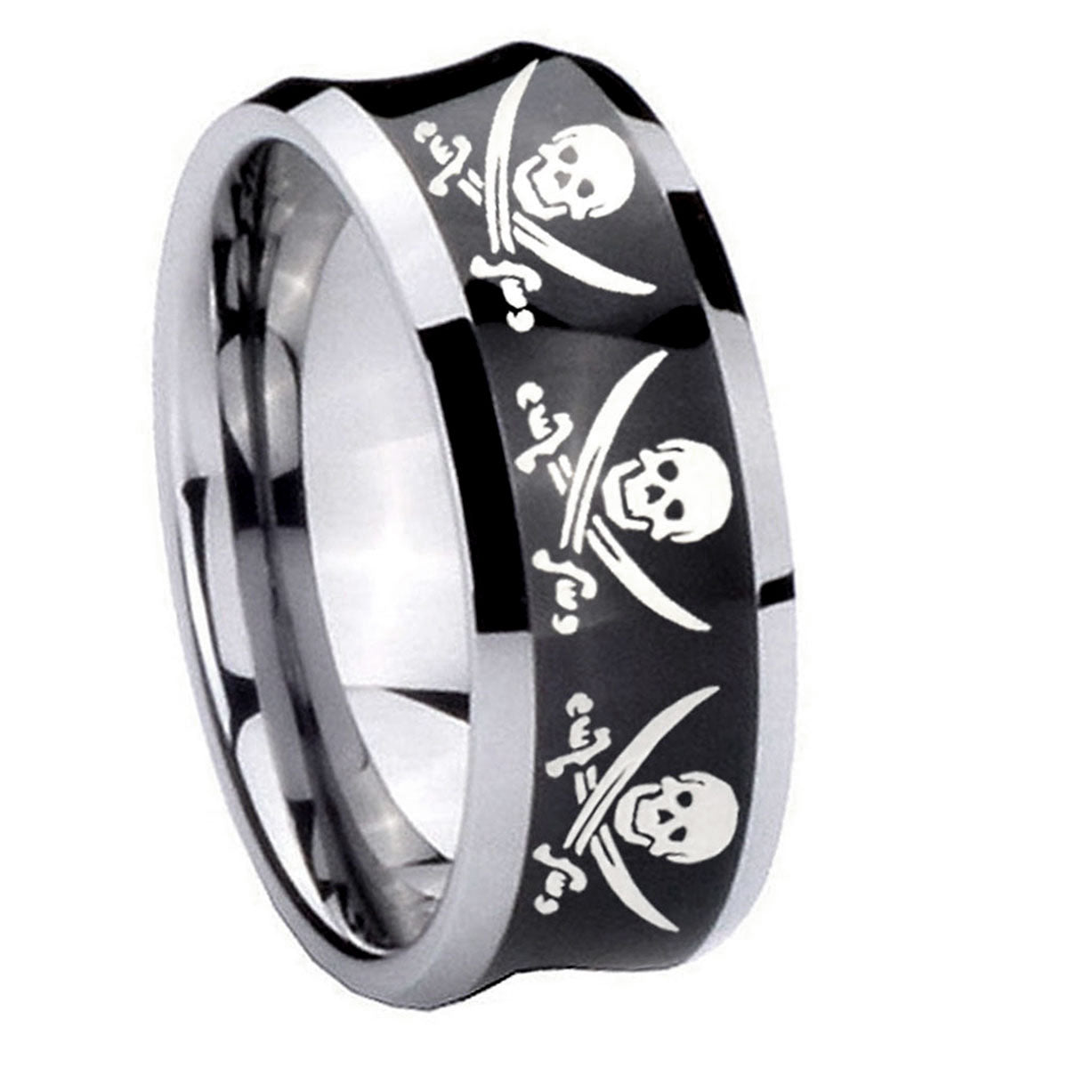 8MM Multiple Skull Pirate Concave Black Tungsten Wedding Ring