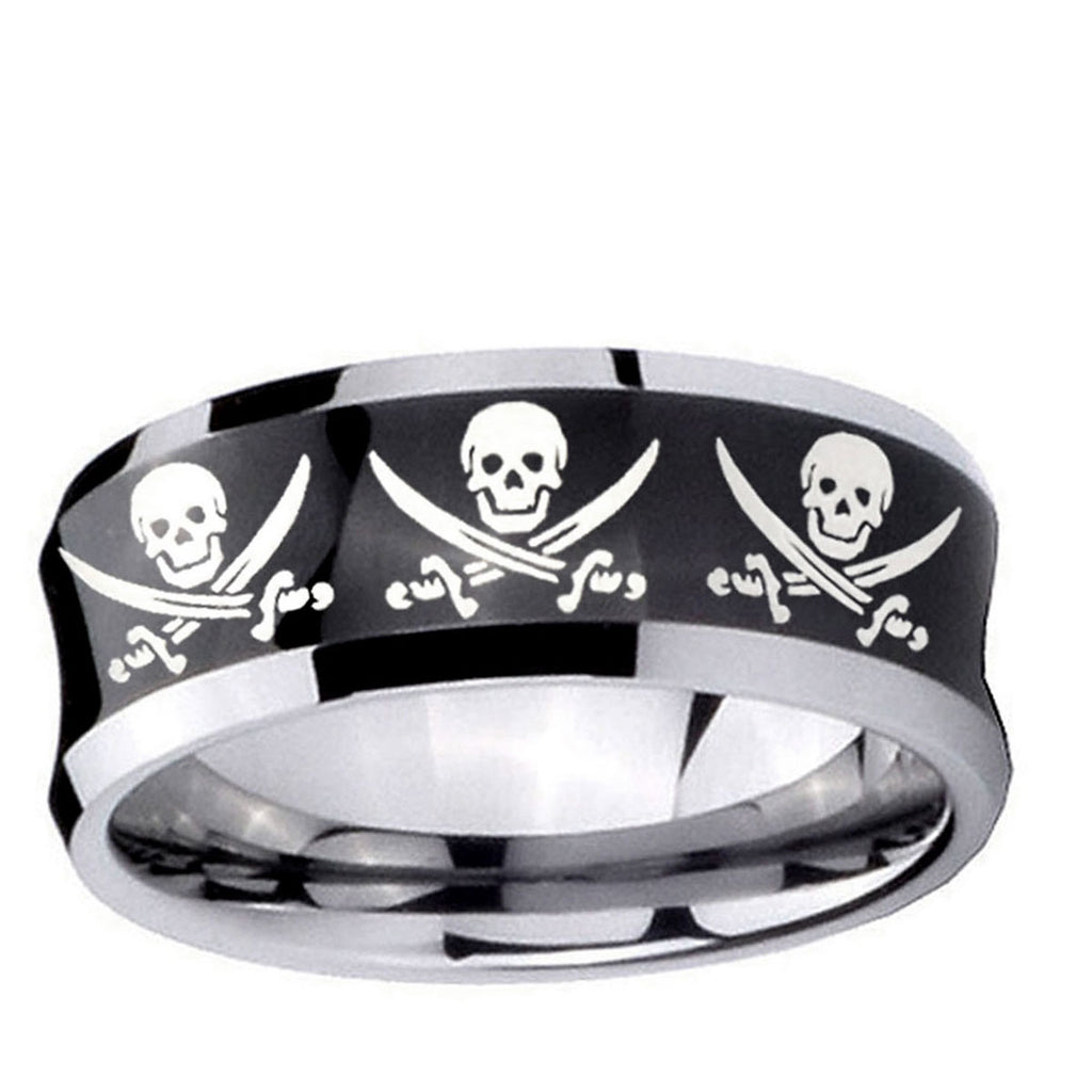 10mm Multiple Skull Pirate Concave Black Tungsten Carbide Custom Ring for Men