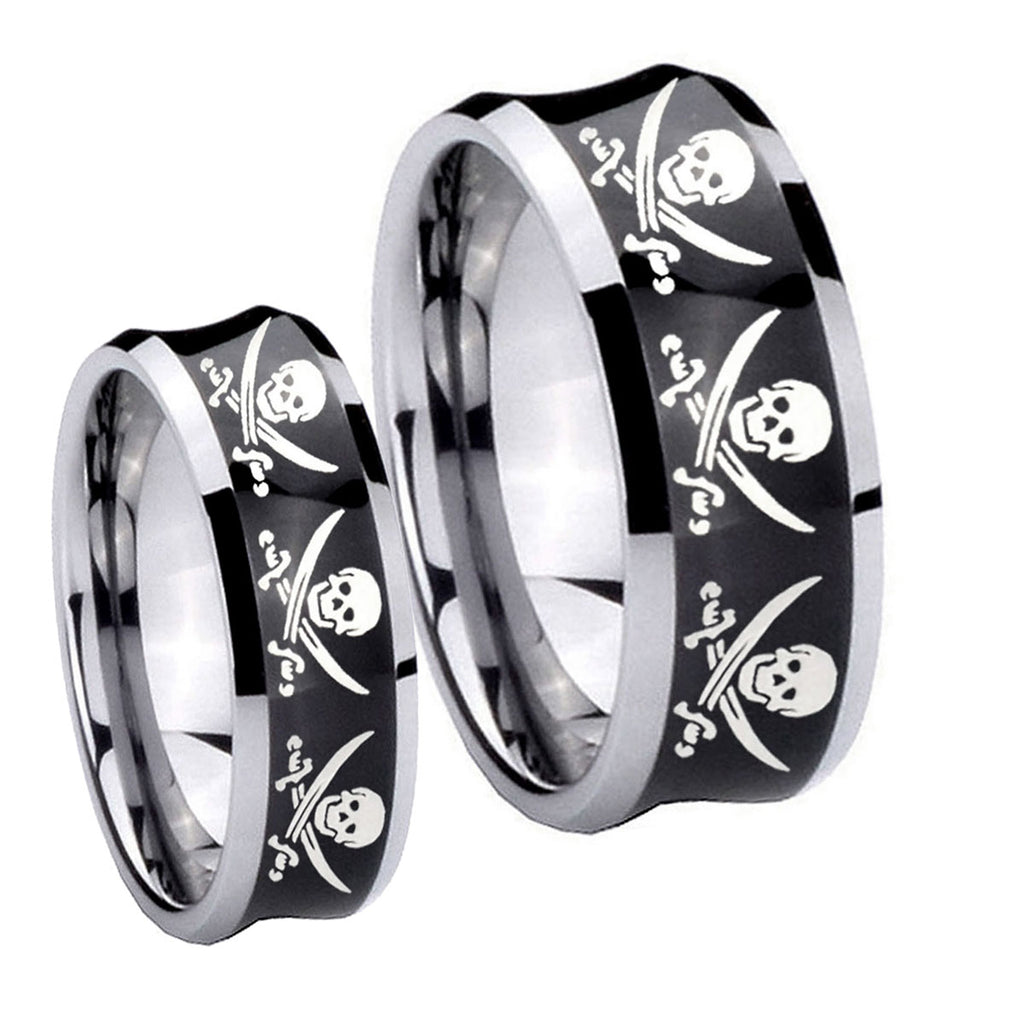 Multiple Skull Pirate Concave Black Tungsten Wedding Set Ring