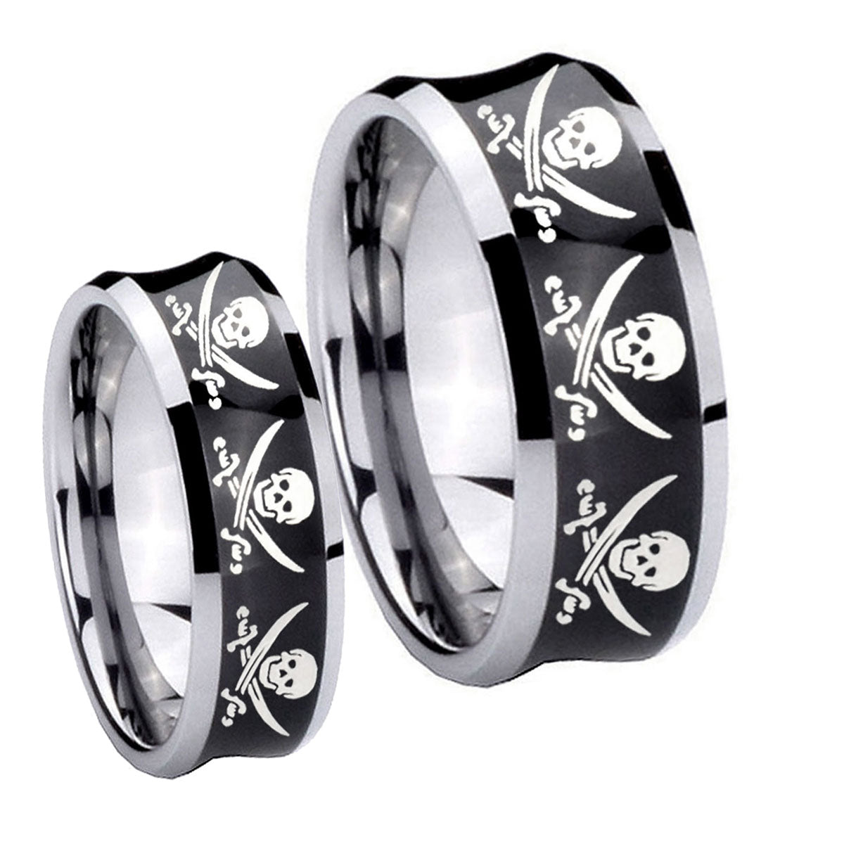 Multiple Skull Pirate Concave Black Tungsten Wedding Set Ring