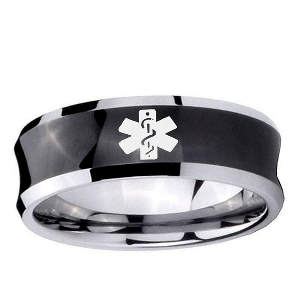 10mm Medical Alert Concave Black Tungsten Ring
