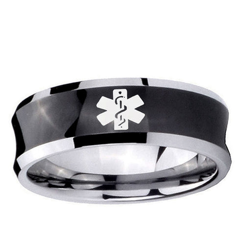 10mm Medical Alert Concave Black Tungsten Ring